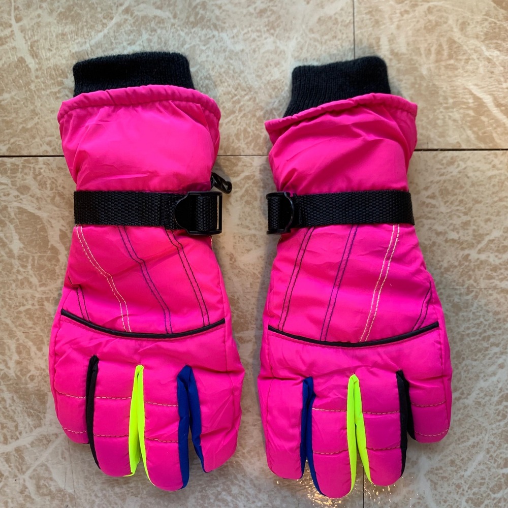 Womens Ski Gloves Medium Neon Pink Retro 80s Colorblock Insulated Barbiecore